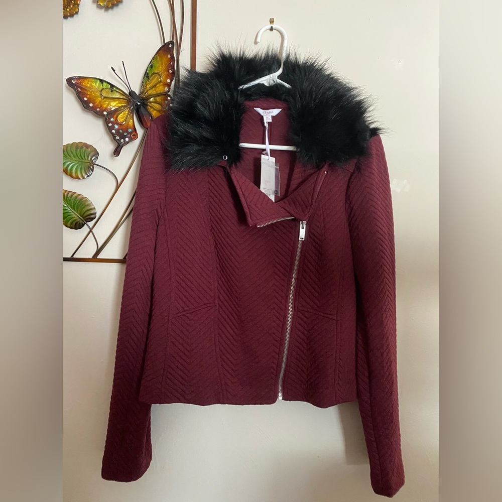 Candie’s Zinfandel Faux Fur Collar Sweater Jacket Size XL, NWT